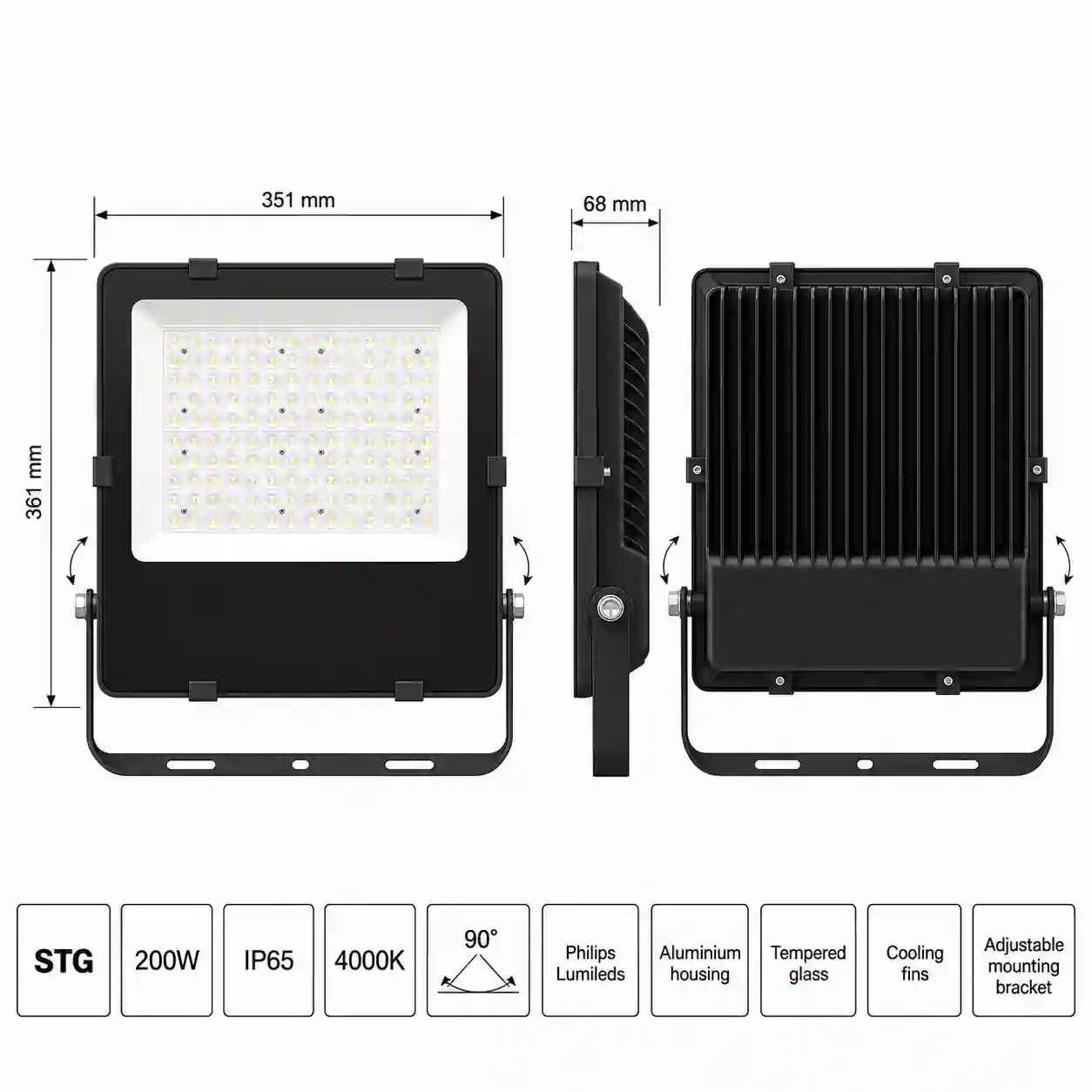 Rozměrový nákres LED reflektoru STG 200W s hodnotami 361 x 351 x 68 mm a montážním třmenem
